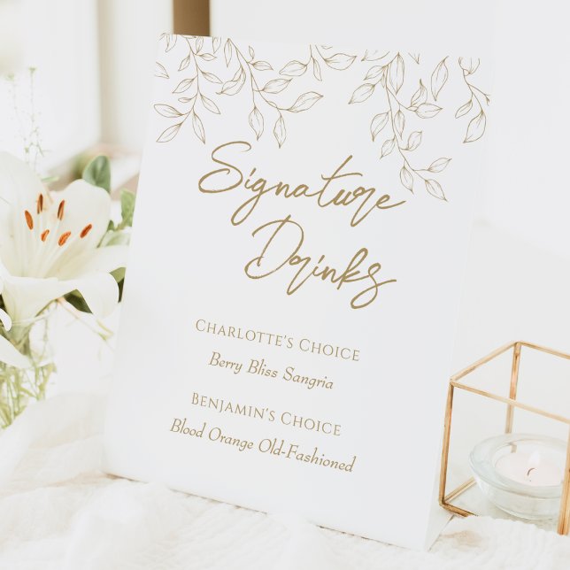 Classic Gold Greenery Wedding Signature Drinks Pedestal Sign (Creator Uploaded)