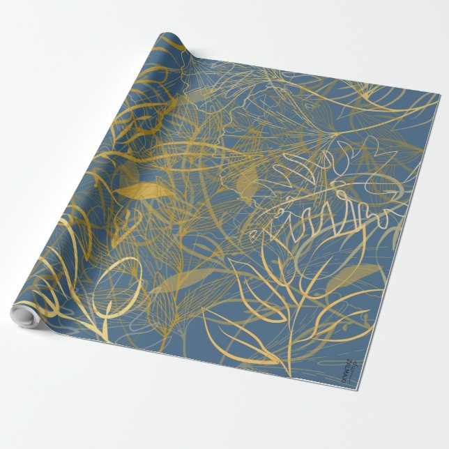 Classic Gold Leaf Blue Background Wrapping Paper (Unrolled)
