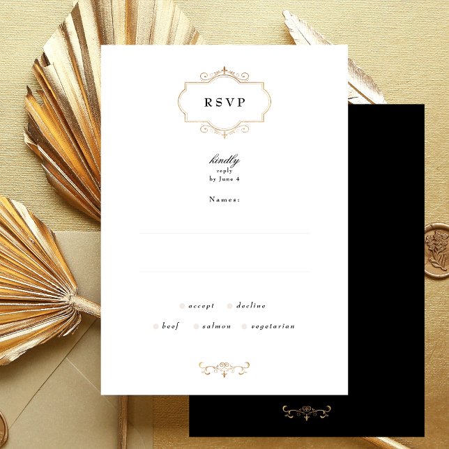 classic gold monogram black white wedding RSVP card (Creator Uploaded)