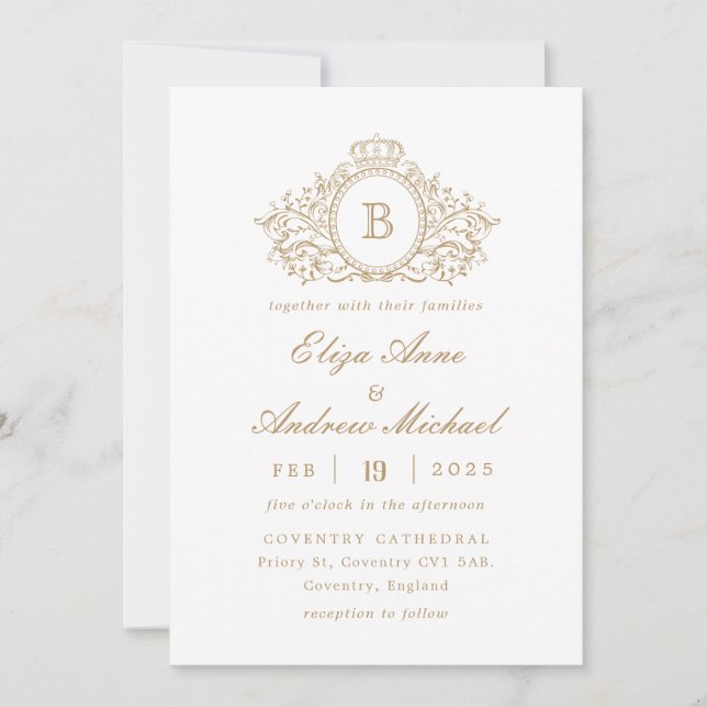 Classic Gold Monogram Crest Wedding Invitation (Front)