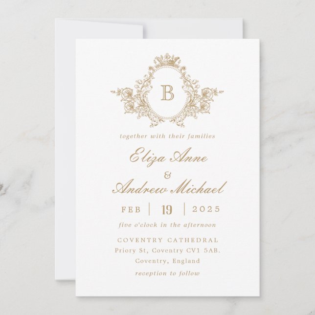 Classic Gold Monogram Crest Wedding Invitation (Front)