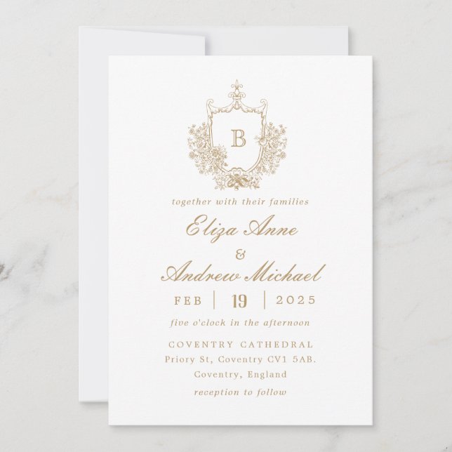 Classic Gold Monogram Crest Wedding Invitation (Front)