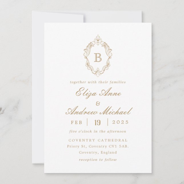 Classic Gold Monogram Crest Wedding Invitation (Front)