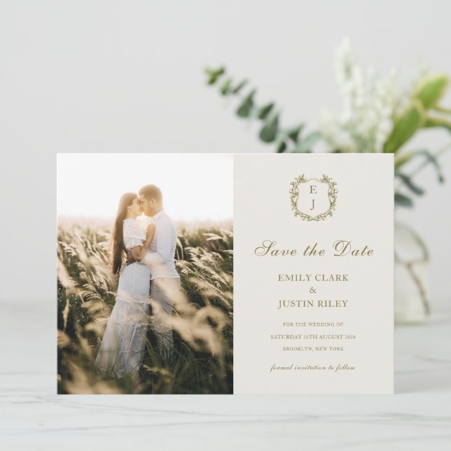 Classic Gold Monogram Photo Save the Date Wedding Invitation (Standing Front)