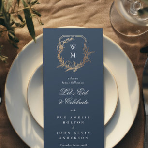 classic gold navy floral motif monogram Wedding Menu