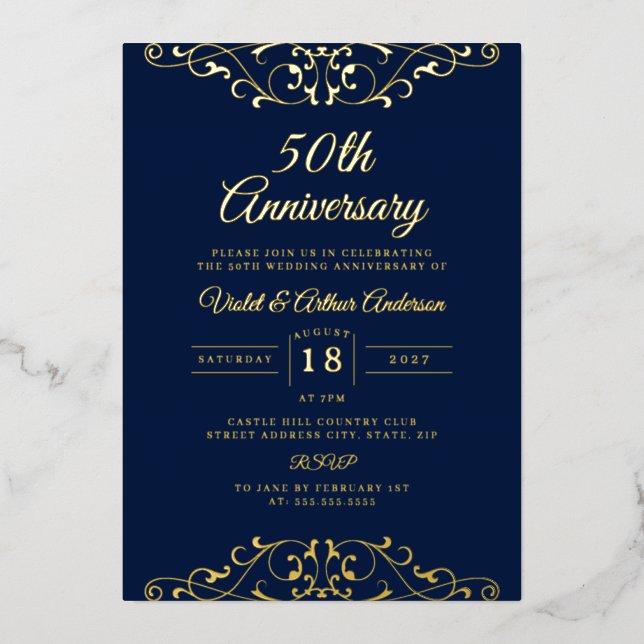 Classic Gold Navy Swirl 50th Wedding Anniversary (Front)