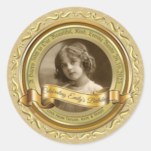 Classic Gold Photo Frame Elegant Banner Yellow Round Sticker