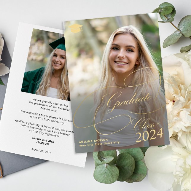 Classic gold script photo class of 2024 graduation announcement (Creator Uploaded)
