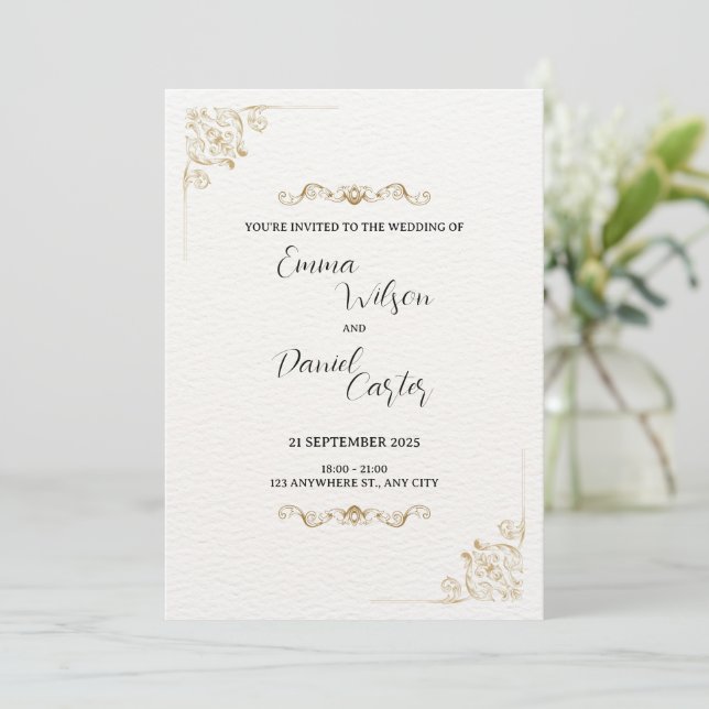 Classic & Gold Scrolls Wedding Invitation (Standing Front)