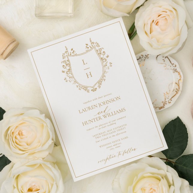 Classic Gold Wildflower Monogram Crest Wedding Invitation (Creator Uploaded)