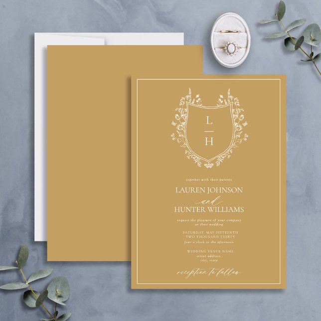 Classic Gold Wildflower Monogram Crest Wedding Invitation (Creator Uploaded)