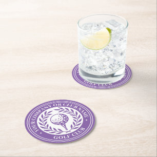 Classic Golf Victory Wreath Custom Name Purple Round Paper Coaster