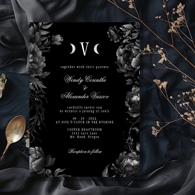 Classic Gothic Black Moon Monogram Wedding Invitation (Creator Uploaded)