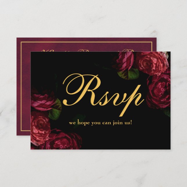 Classic Gothic Elegant Rose Floral Black Wedding  RSVP Card (Front/Back)