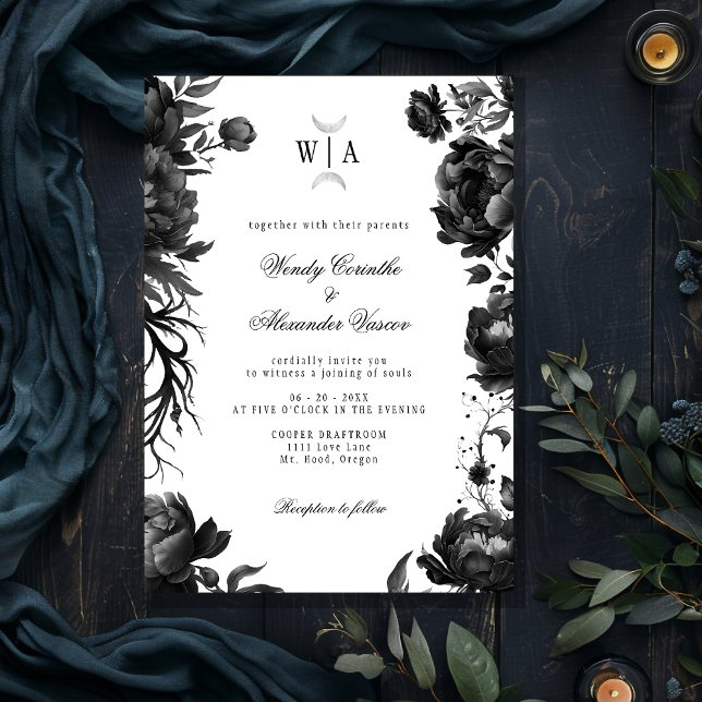 Classic Gothic White Monogram Moon Crest Wedding Invitation (Creator Uploaded)