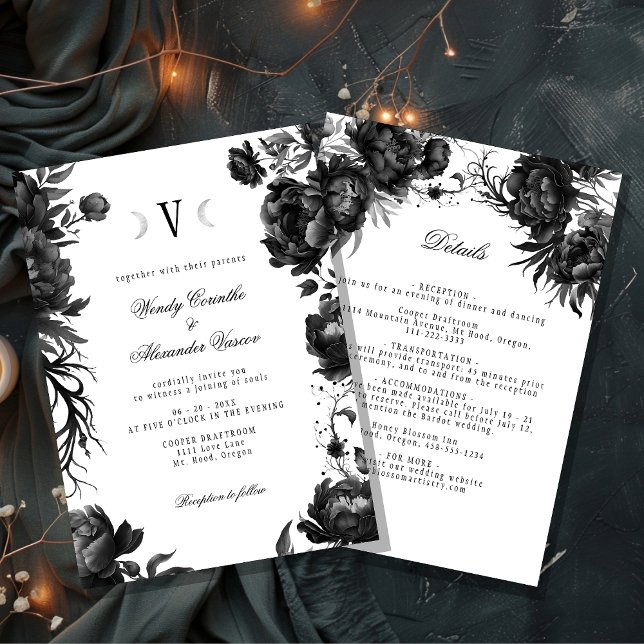 Classic Gothic White Moon Monogram Wedding Details Invitation (Creator Uploaded)
