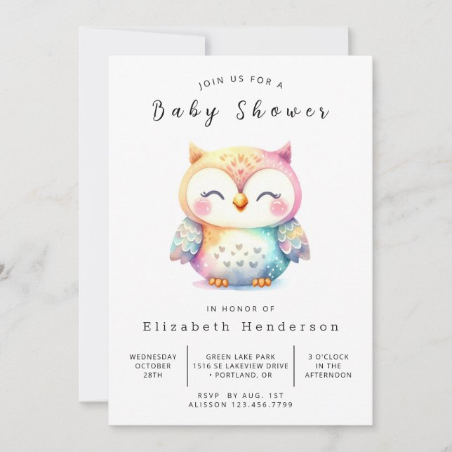 Classic Graceful Owl Baby Shower Invitation (Front)