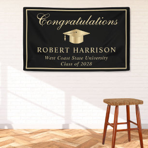 Classic Grad Cap Black Gold Graduation Welcome Banner