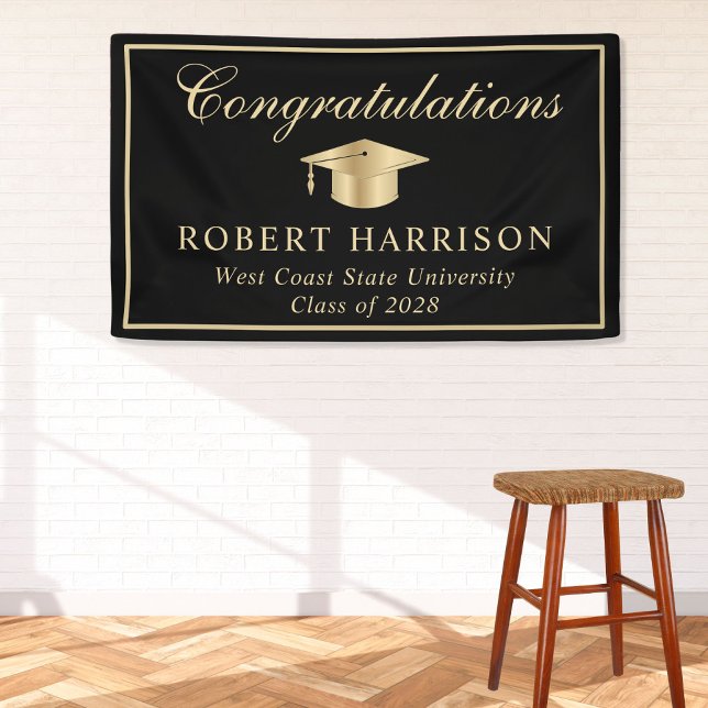 Classic Grad Cap Black Gold Graduation Welcome Banner (Creator Uploaded)