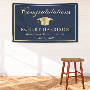 Classic Grad Cap Blue Gold Graduation Welcome Banner