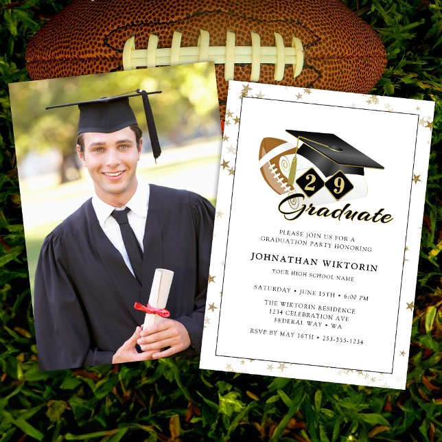 Classic Graduation Cap Black Gold Football Photo Invitation (Classic Graduation Cap Black Gold Football Photo Invitation)