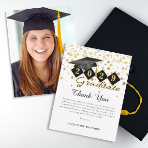 Classic Graduation Cap Black Gold Photo Thank You Card