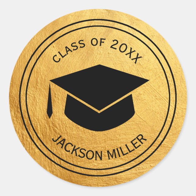 Classic Graduation Cap Personalised  GOLD Classic Round Sticker (Front)