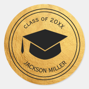 Classic Graduation Cap Personalised  GOLD Round Sticker