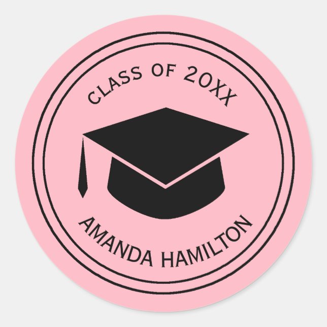 Classic Graduation Cap Personalised  PLUSH PINK Classic Round Sticker (Front)