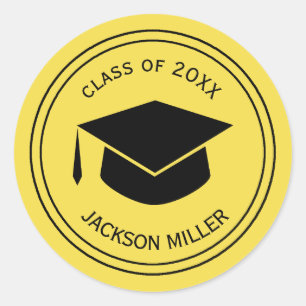 Classic Graduation Cap Personalised  YELLOW Round Sticker