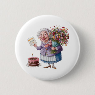 Classic Granny Bday with Giant Flowers 6 Cm Round Badge