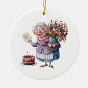 Classic Granny Bday with Giant Flowers Ceramic Tree Decoration