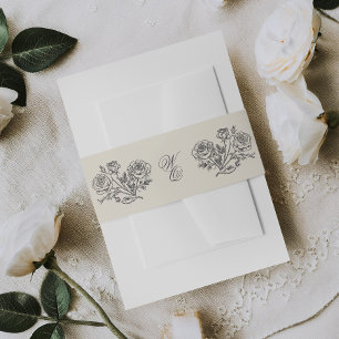 Classic Gray Monogram Formal Florals Wedding Invitation Belly Band