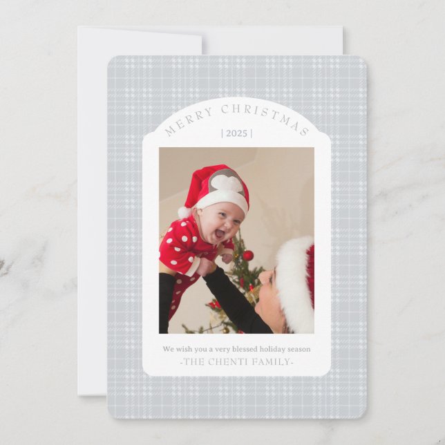 Classic Gray Plaid Christmas Card (Front)