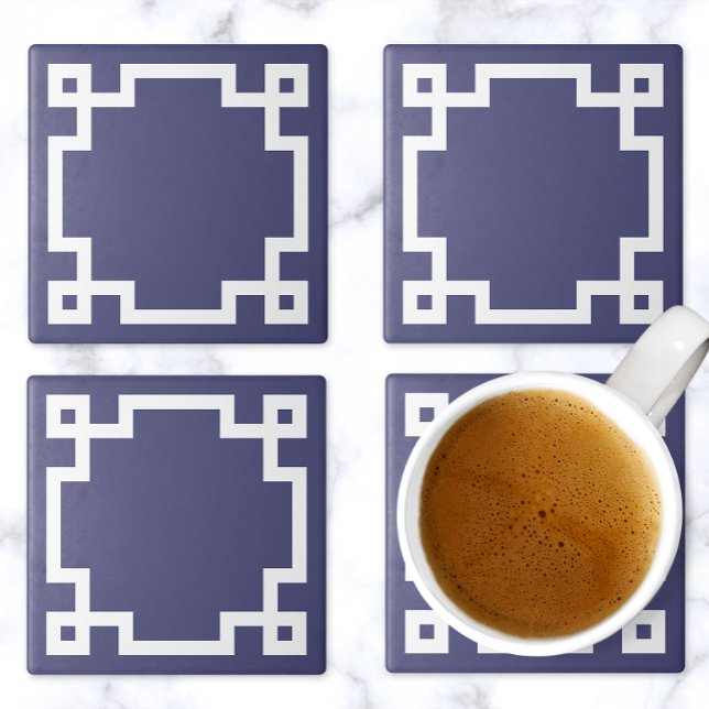 Classic Greek Key Border Navy Blue White Stone Coaster (Creator Uploaded)