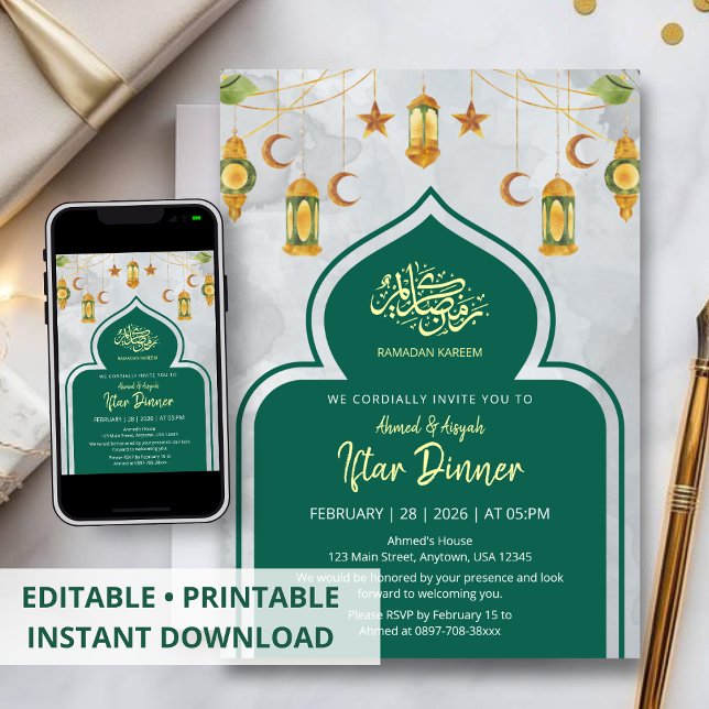 Classic Green and Gold Islamic Iftar Dinner Invitation (Creator Uploaded)