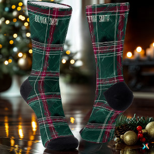 Classic Green and Red Christmas Plaid Custom Socks