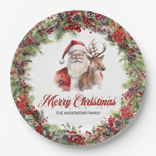 Classic green and red wreath Santa with reindeer Paper Plate