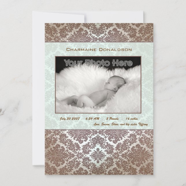 Classic green baby birth announcement (Front)