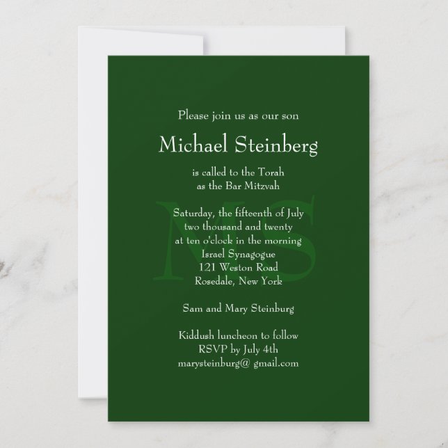 Classic Green Bar Mitzvah Invitation (Front)