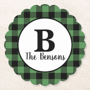 Classic Green Black Monogram Buffalo Plaid Paper Coaster