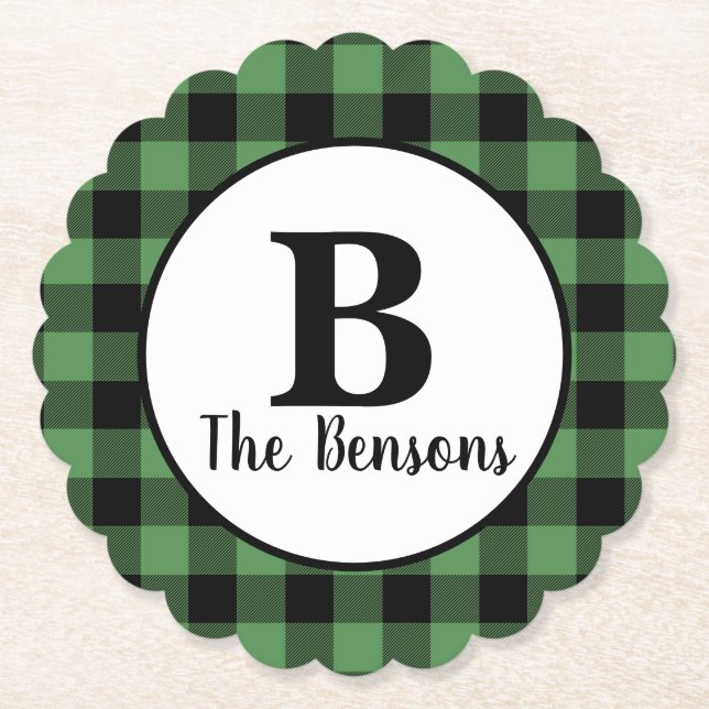 Classic Green Black Monogram Buffalo Plaid Paper Coaster (Front)