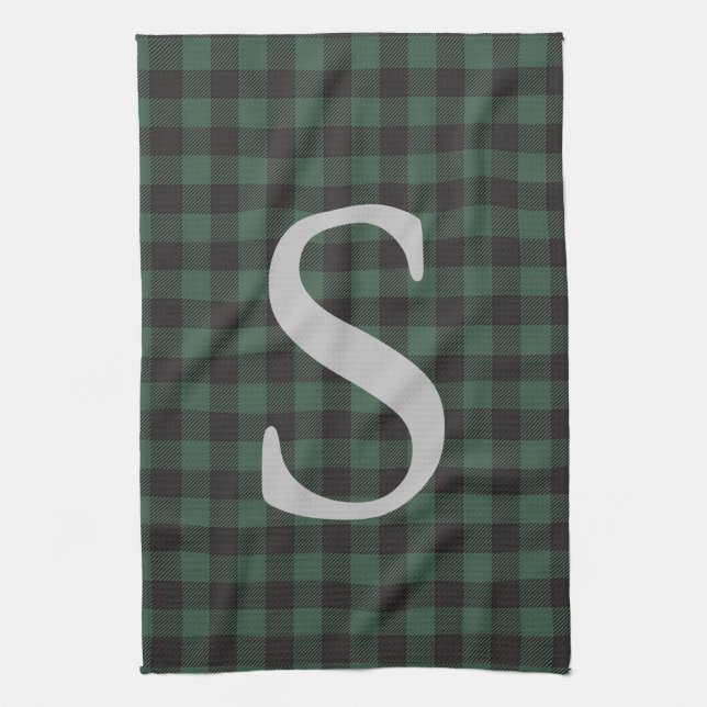 Classic Green Black Tartan Plaid Monogrammed Tea Towel (Vertical)