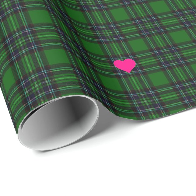 Classic Green Black tartan Plaid pink heart accent Wrapping Paper (Roll Corner)