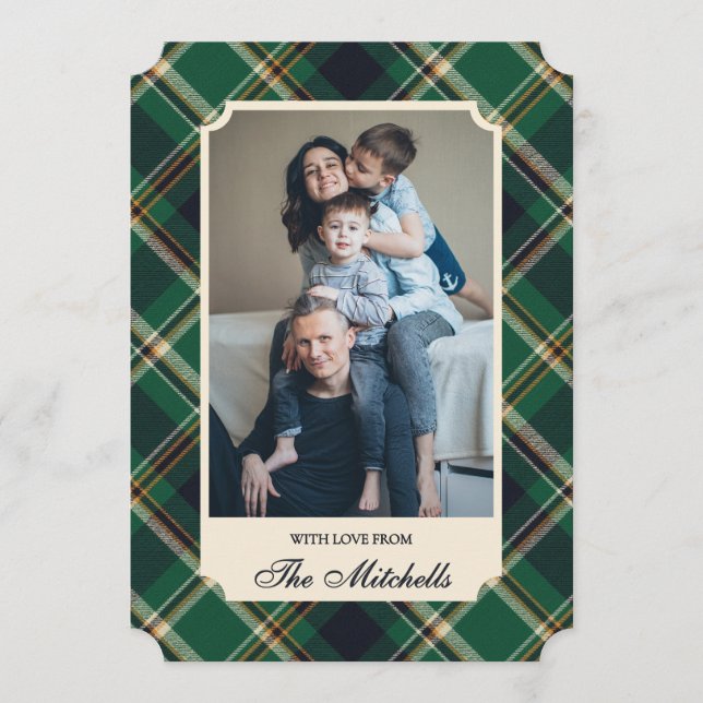 Classic Green Blue Yellow Plaid Pattern Holiday Card (Front)