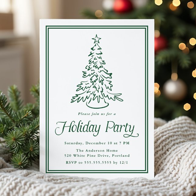 Classic Green Border Christmas Tree Holiday Party Invitation (Creator Uploaded)