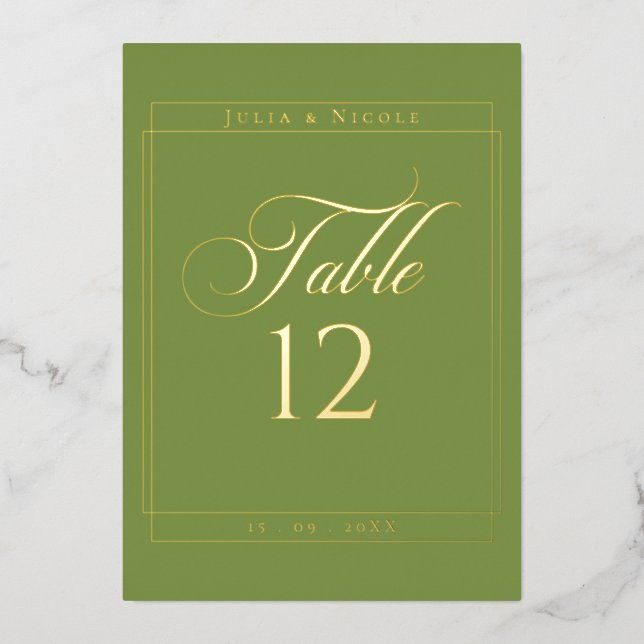 Classic Green Border Wedding Table Number Sign (Front)