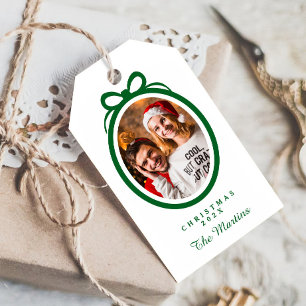 Classic Green Bow Christmas Custom Family Photo Gift Tags