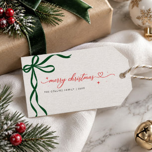 Classic Green Bow Script Merry Christmas Holiday Gift Tags