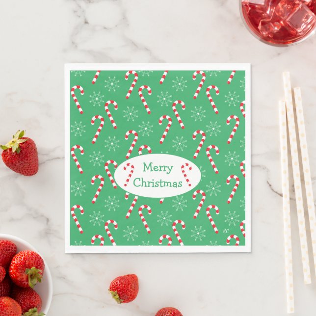 Classic Green Candy Cane and Snowflakes Christmas Napkin (Insitu)